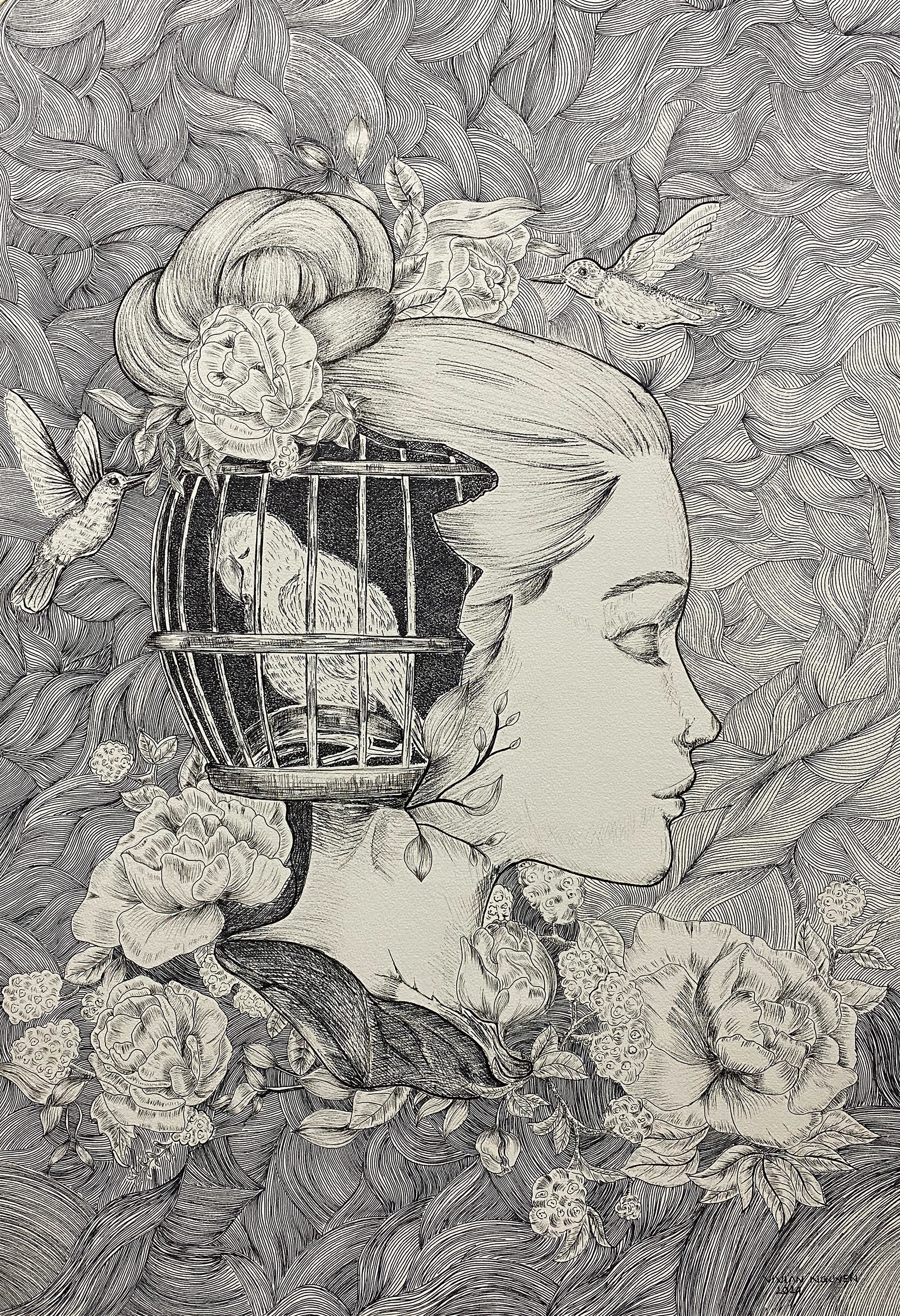 Lồng Son tâm trí - 60x80 (cm) - tranh bút sắt