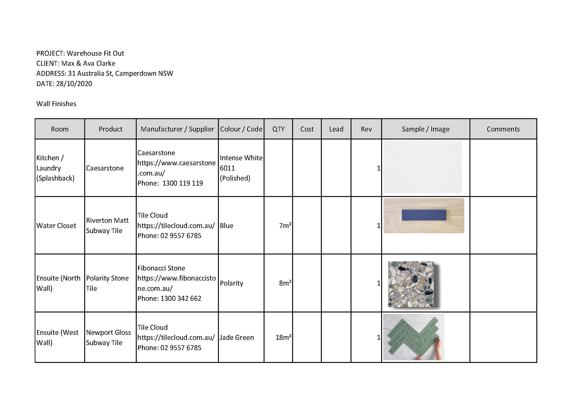 Wall Finishes Schedule