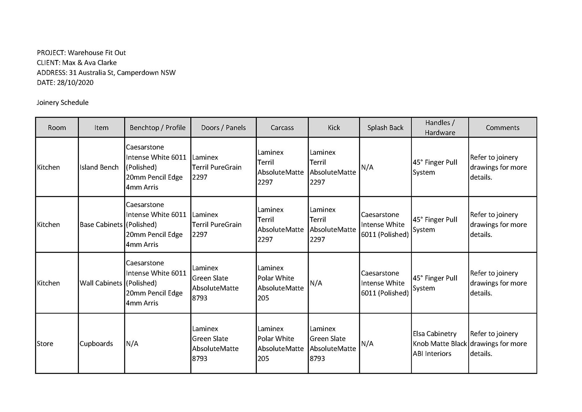Joinery Schedule