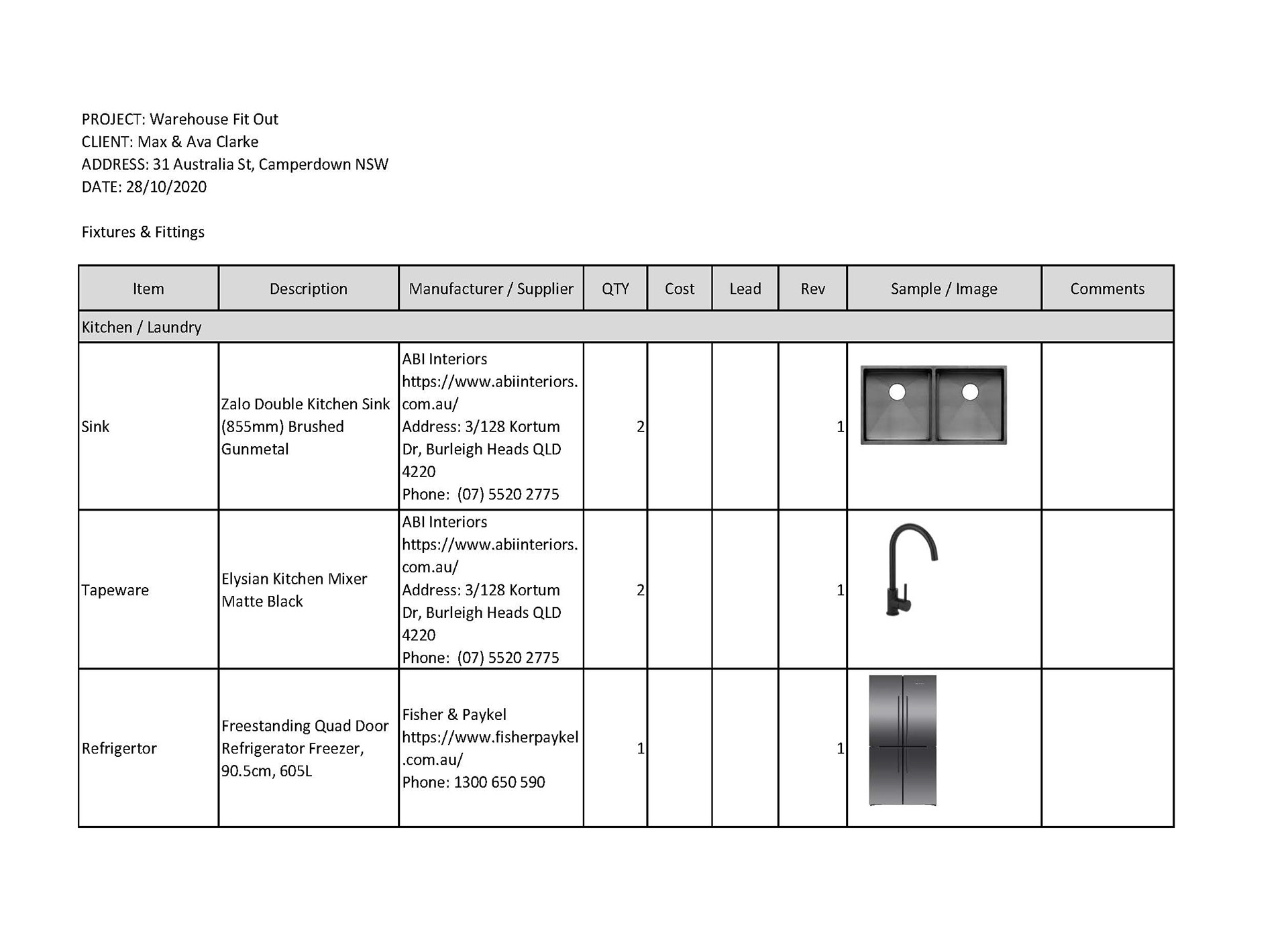 Fixtures & Fittings Schedule