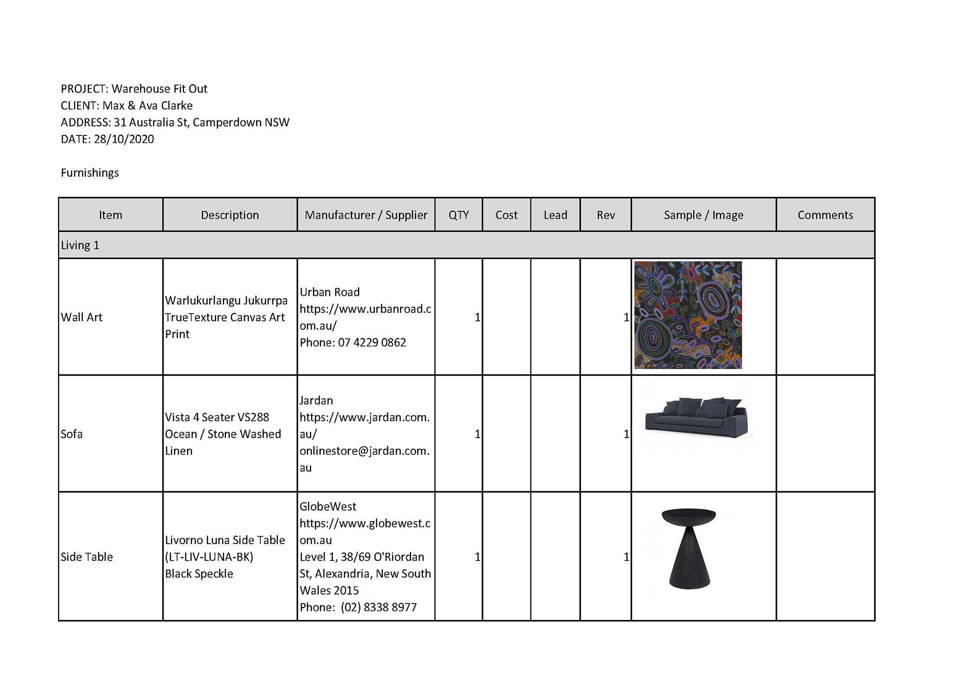 Furnishings Schedule