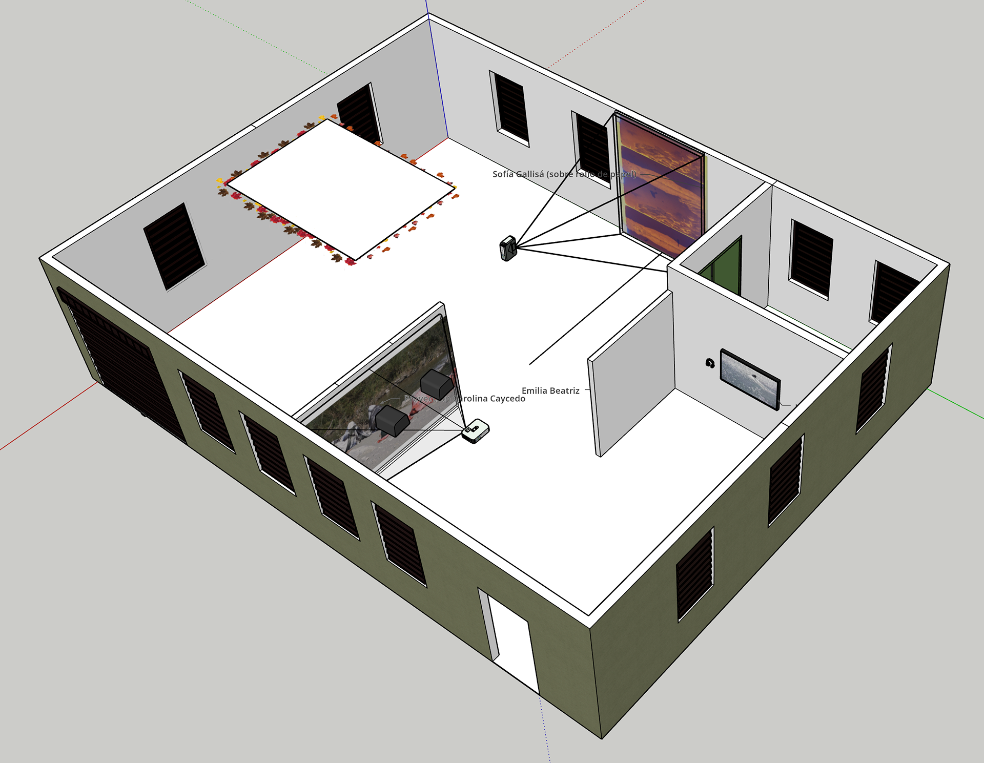 Vista en perspectiva de modelo 3d con ubicación de instalaciones de video.