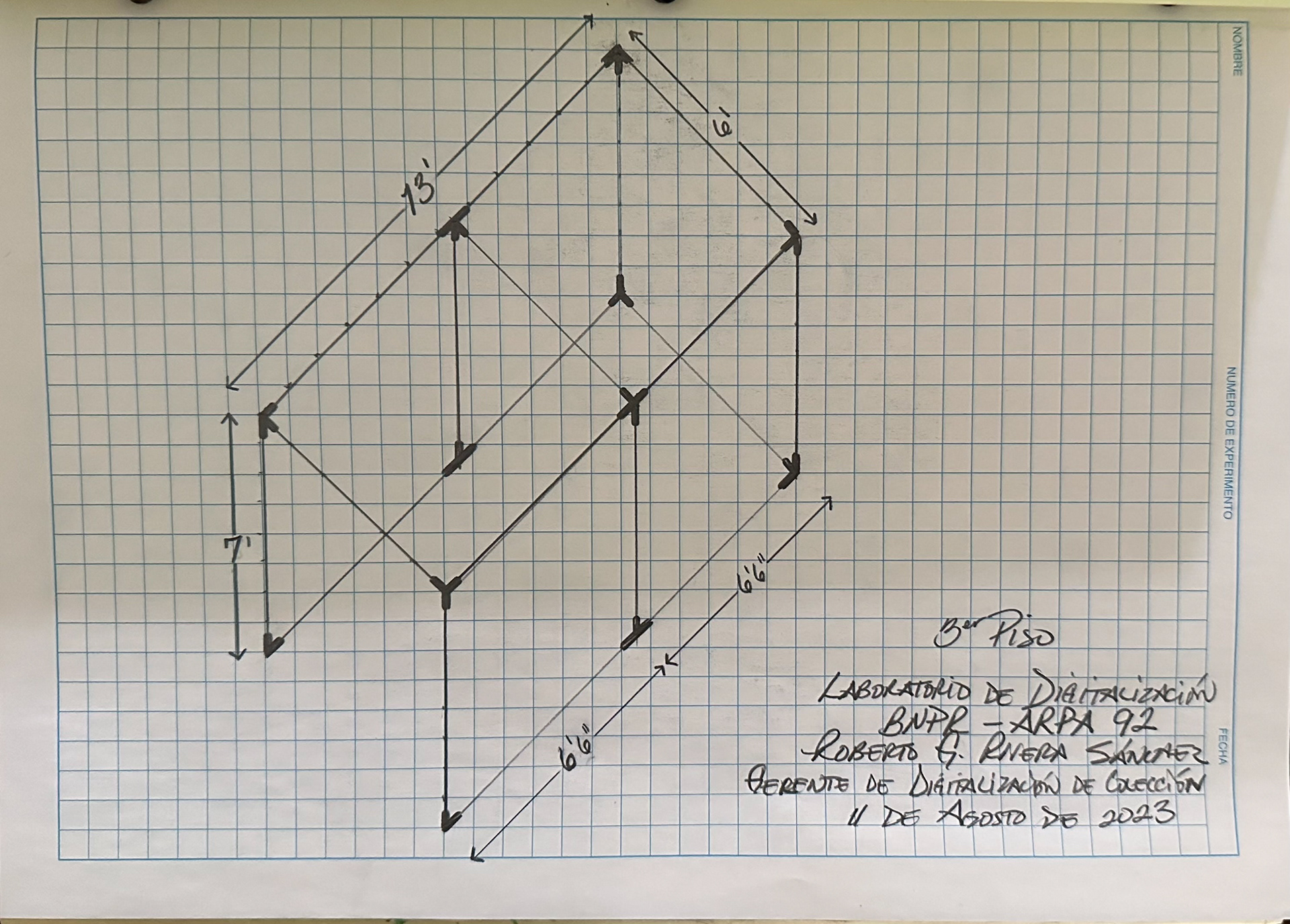Dibujo axonométrico de carpa modular para Laboratorios de Digitalización de ARPA 92