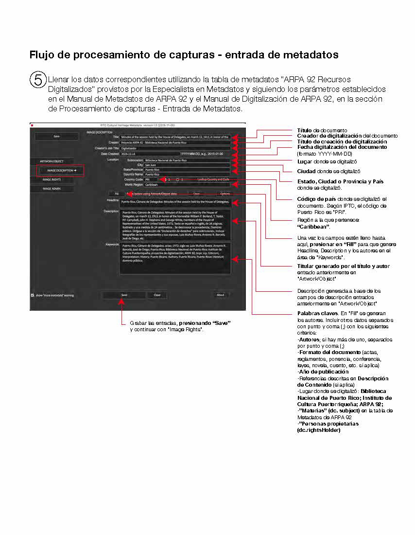 Muestra de flujo de procesamiento - entrada de metadatos a archivos digitalizados de Dublin Core a IPTC Cultural Heritage Metadata plugin para Adobe Bridge.