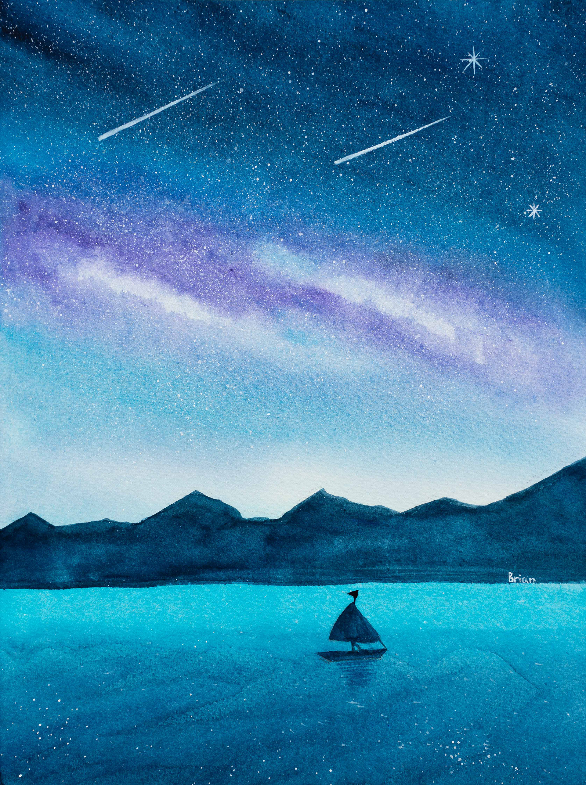 In this piece, my goal was to try to create a landscape painting with watercolor. But to challenge myself, I only used three different colors throughout the whole time. Two different shades of blue and one shade of purple. This piece took me about three to four hours to finish and I was proud of the result.