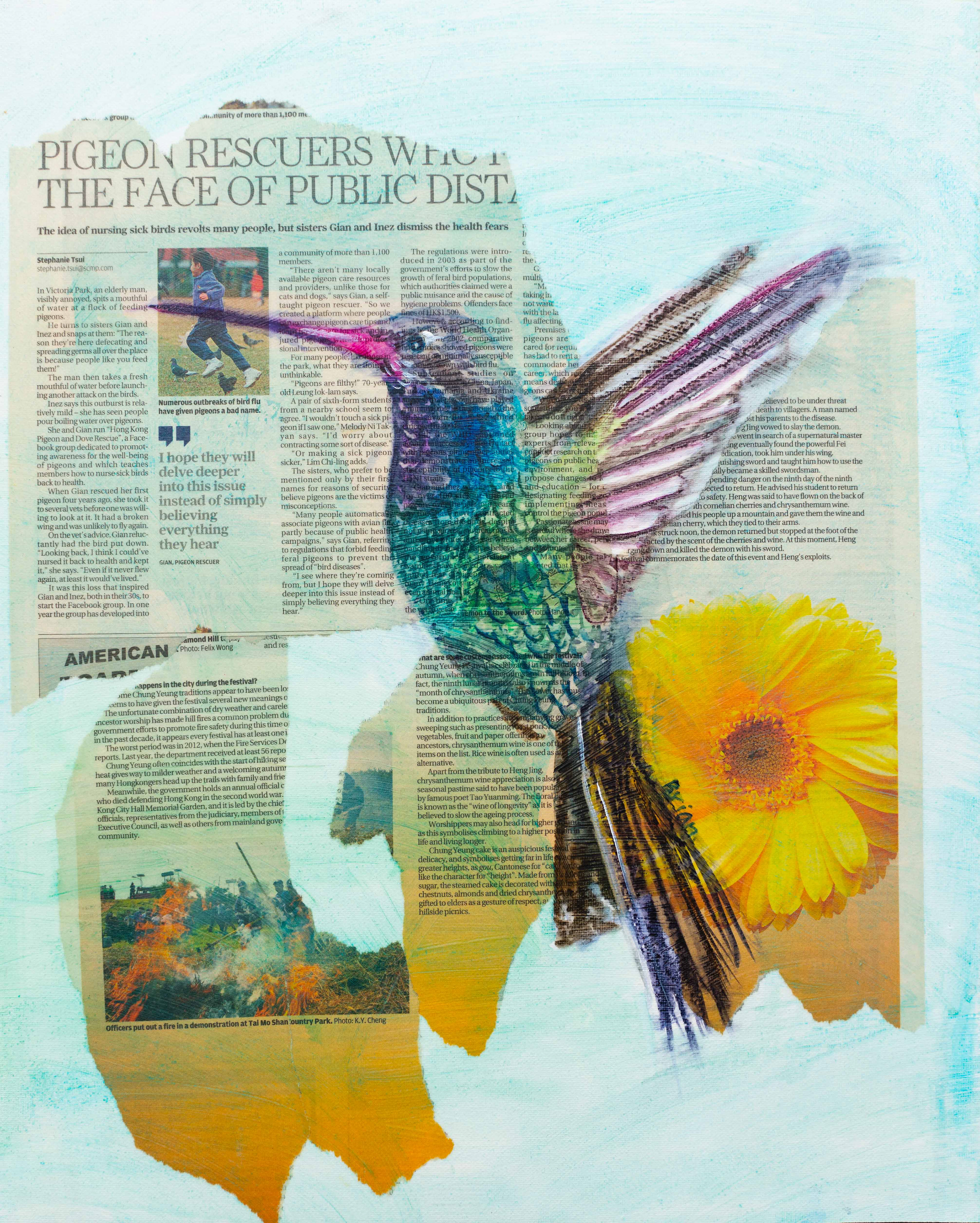 In this piece, I wanted to learn how to use scrap materials as a good background for the object I was trying to focus on. As you can see, because the hummingbird needs the flower for its nectar, I cut up a piece of flower from a local newspaper that I found. Next, I found a new article about forests being burnt down and thought how much it related to hummingbirds as they need the forest to survive. Overall, I was proud of the outcome.