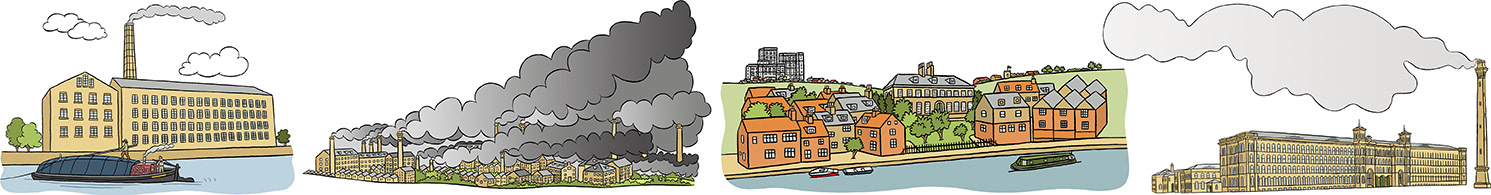 A line of full-colour city and town illustrations
