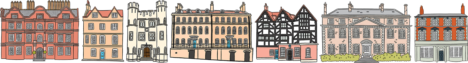 A line of full-colour historical building illustrations