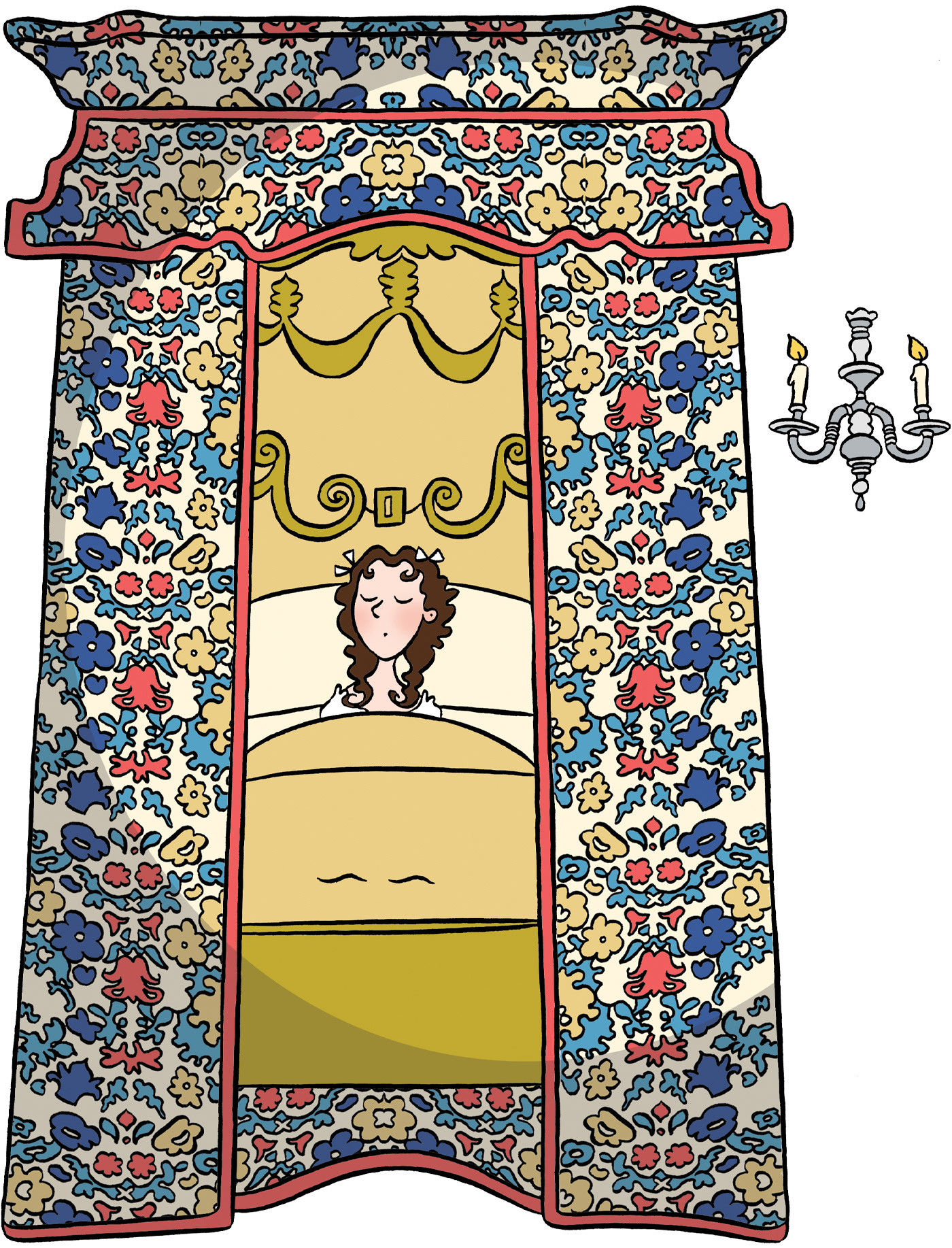 A comical illustration of Queen Mary in her bed at Kensington Palace