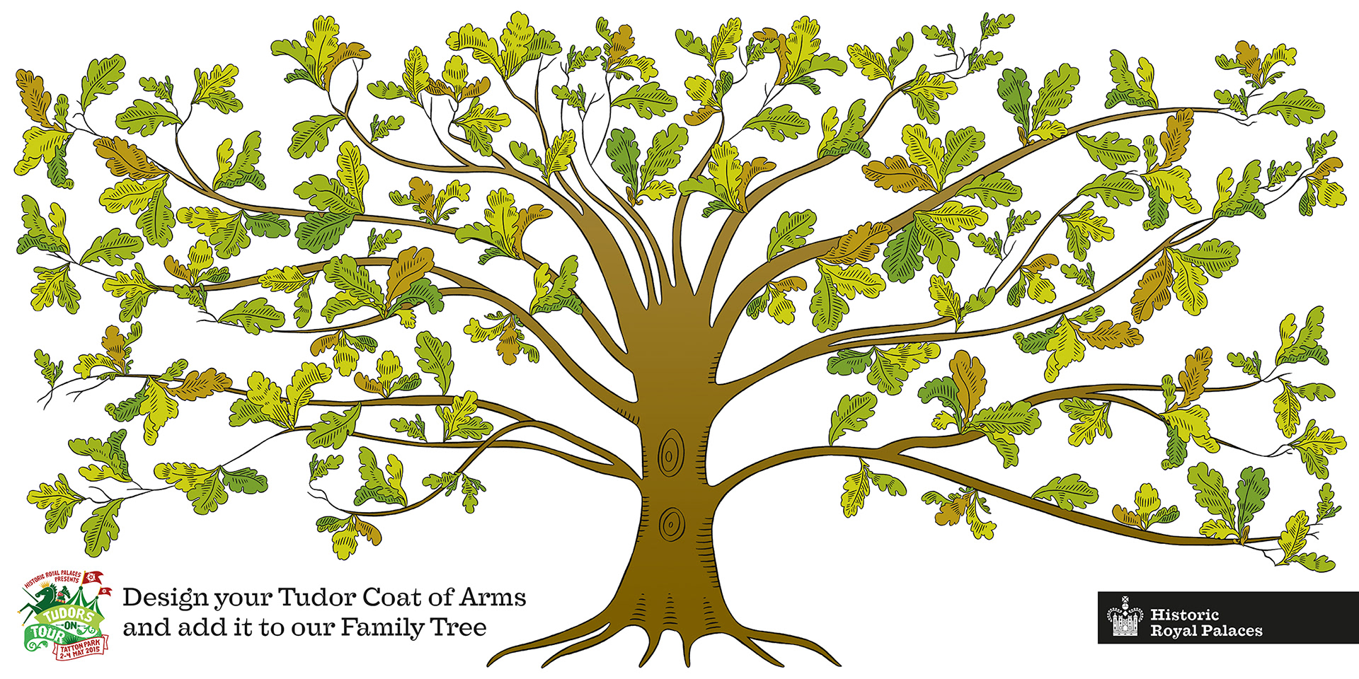 Large-scale colour illustration of an oak tree for a Historic Royal Palaces, Tudors on Tour, interactive game.