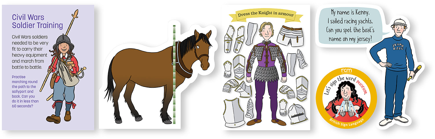 A line of images of illustrated interpretation and display examples including, Civil Wars Soldier Training interpretation panel for Pontefract Castle, Pit Pony and Measuring Stick life-size interactive for National Mining Museum Scotland, Dress the Knight magnetic puzzle game for Historic Royal Palaces, Cornish Giant British Sign Language interactive roundel for Royal Cornwall Museum and cut-out Racing Yachtsman character for Ullapool Museum
