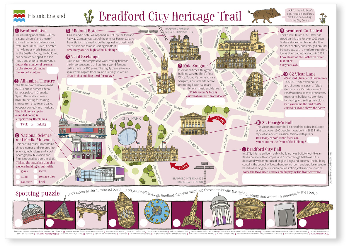 An illustrated map of Bradford for a family trail, with historic buildings and a line of building details for spotting