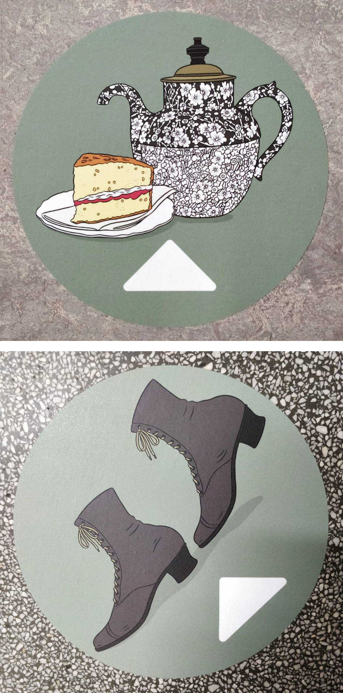 Two illustrated round floor stickers with directional arrows, featuring a decorative teapot with a slice of cake and a pair of Victorian ladies boots.