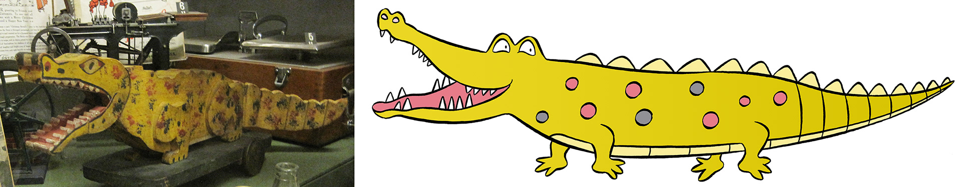A wooden articulated crocodile toy in a museum and an illustrated crocodile museum mascot character