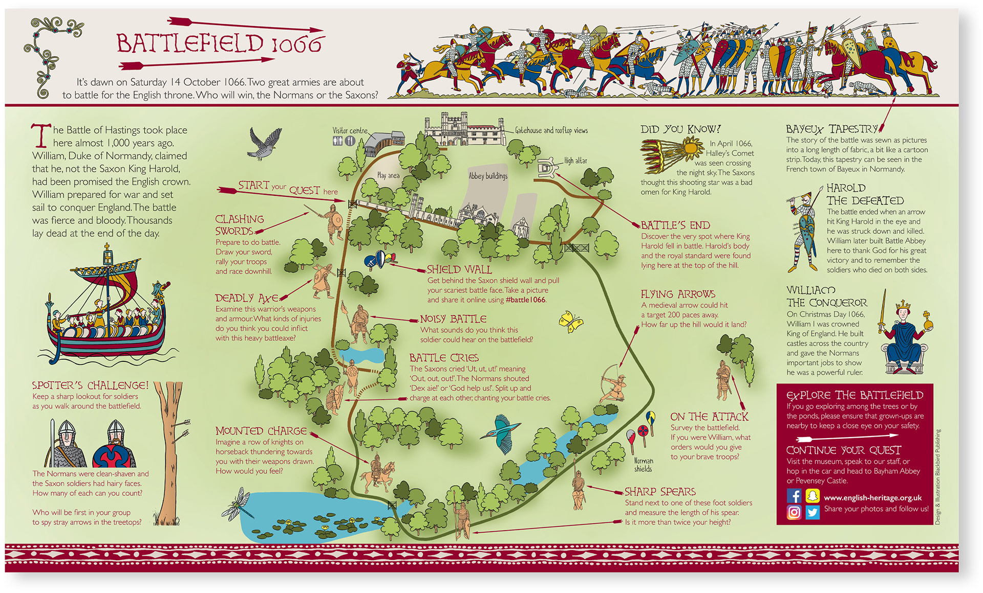 A map of the historic Battlefield 1066 site with a scene from the Bayeux Tapestry above the map and surrounded by small drop-in historic illustrations