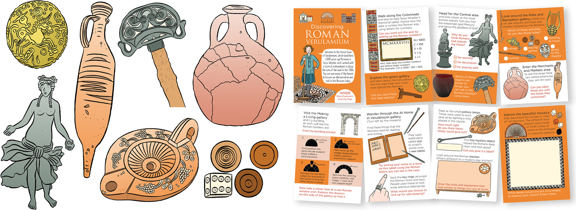 Illustrations for a family trail, Discovering Roman Verulamium, with sample pages