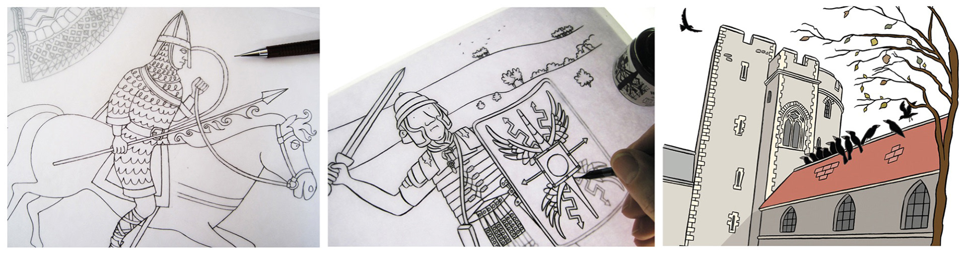 A line of pictures showing illustrator Stephanie Strickland's working process including a pencil rough, pen-and-ink artwork and a final full-colour illustration.