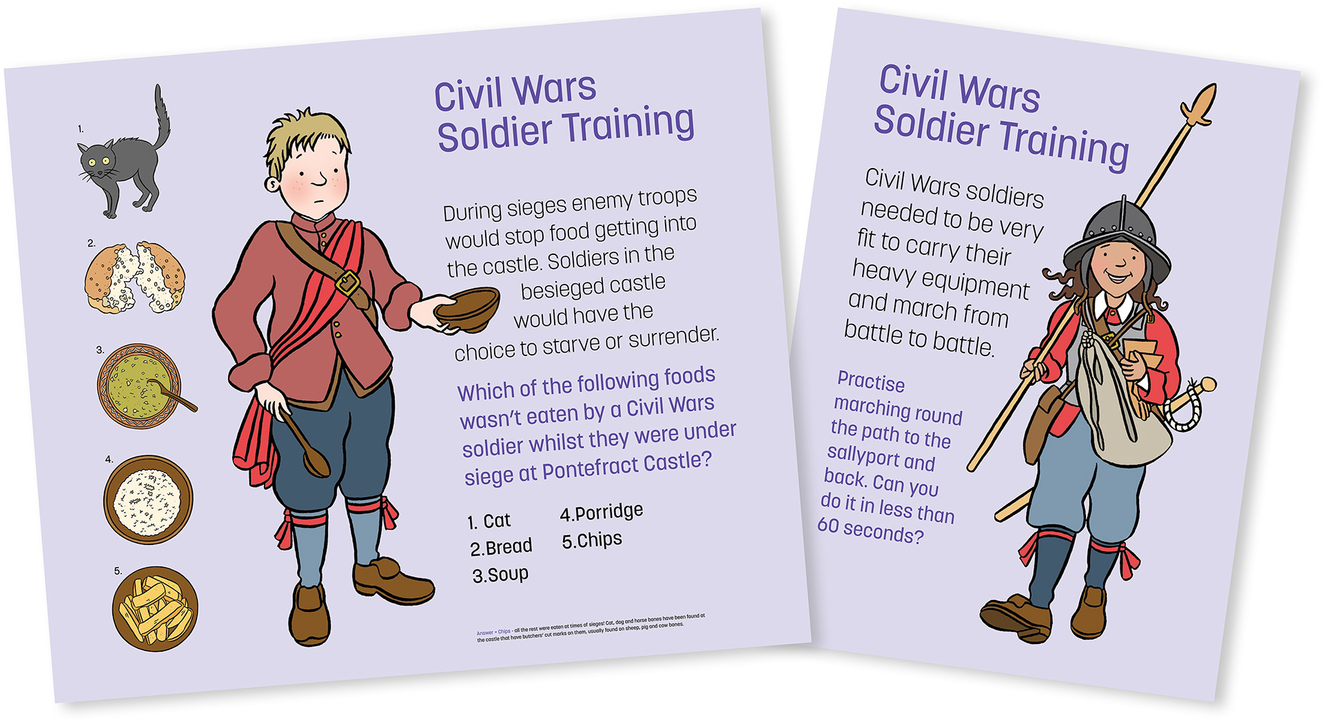 Two examples of interpretation panels showing child-friendly Civil War characters and a game