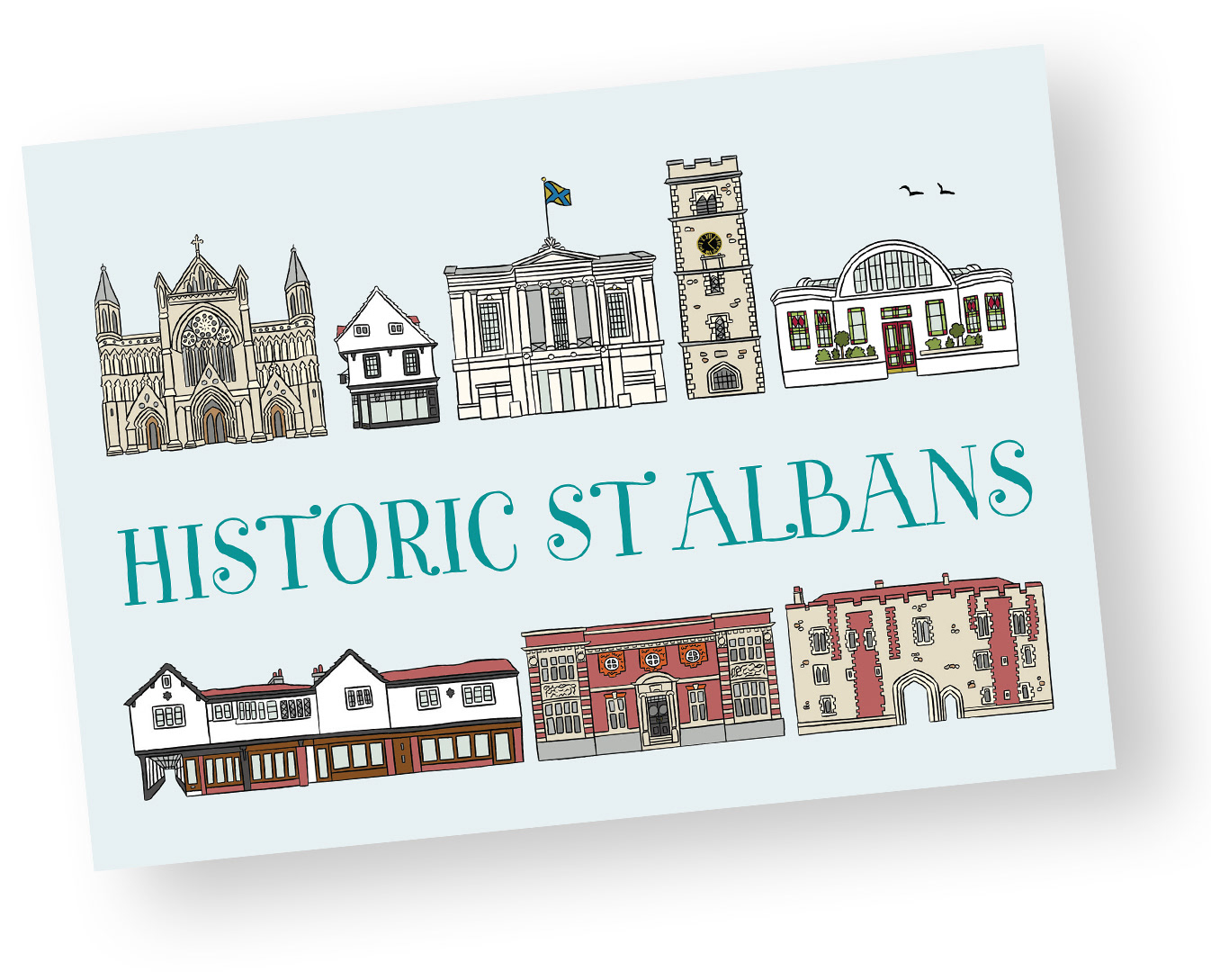 A postcard reading Historic St Albans with illustrations of historic buildings of St Albans