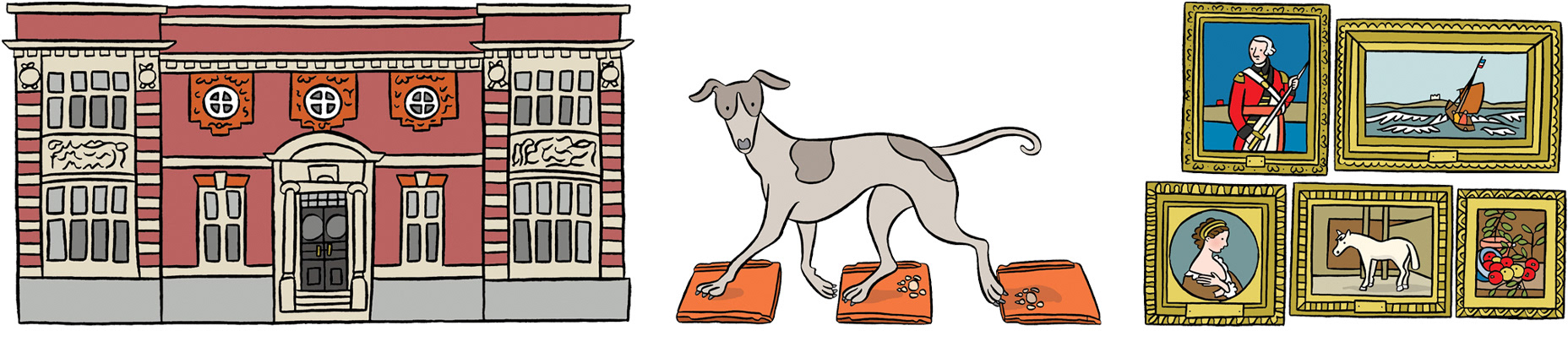 A line of illustrations depicting an historical building, a Roman dog and a gallery display of oil paintings