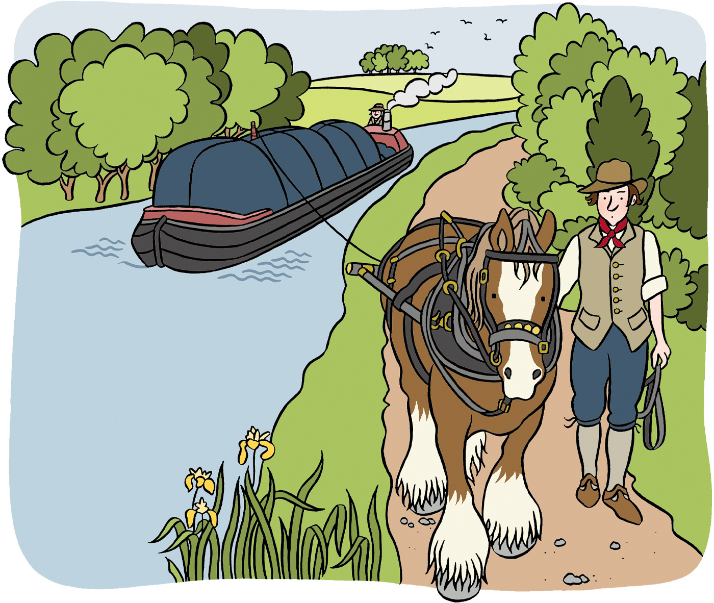 An illustration of a river scene with a laden barge being pulled by a horse on the towpath