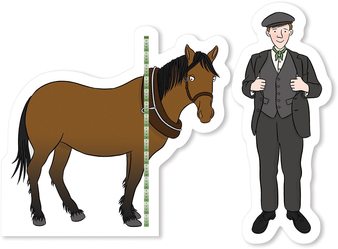Life-size illustrated interactive display cut-outs featuring a pit pony with a measuring stick and a Scottish miner.