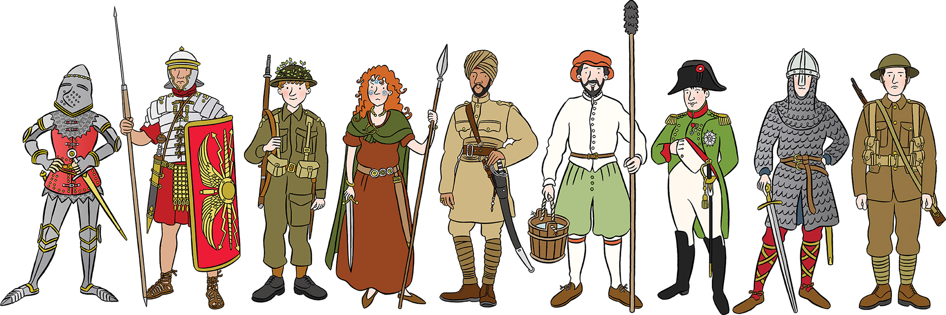 A line of full-colour illustrations of historic soldiers