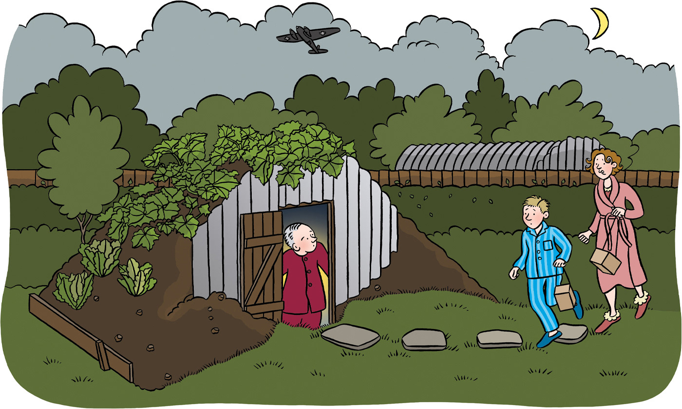 An illustrated nightime scene of a mother and son running towards an Anderson shelter in their garden while dad peers out from inside the shelter and an enemy bomber flies overhead.
