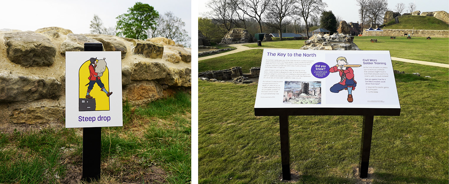 An illustrated hazard warning sign that reads, Steep Drop and a Key to the North interpretation panel, both in situ at Pontefract Castle