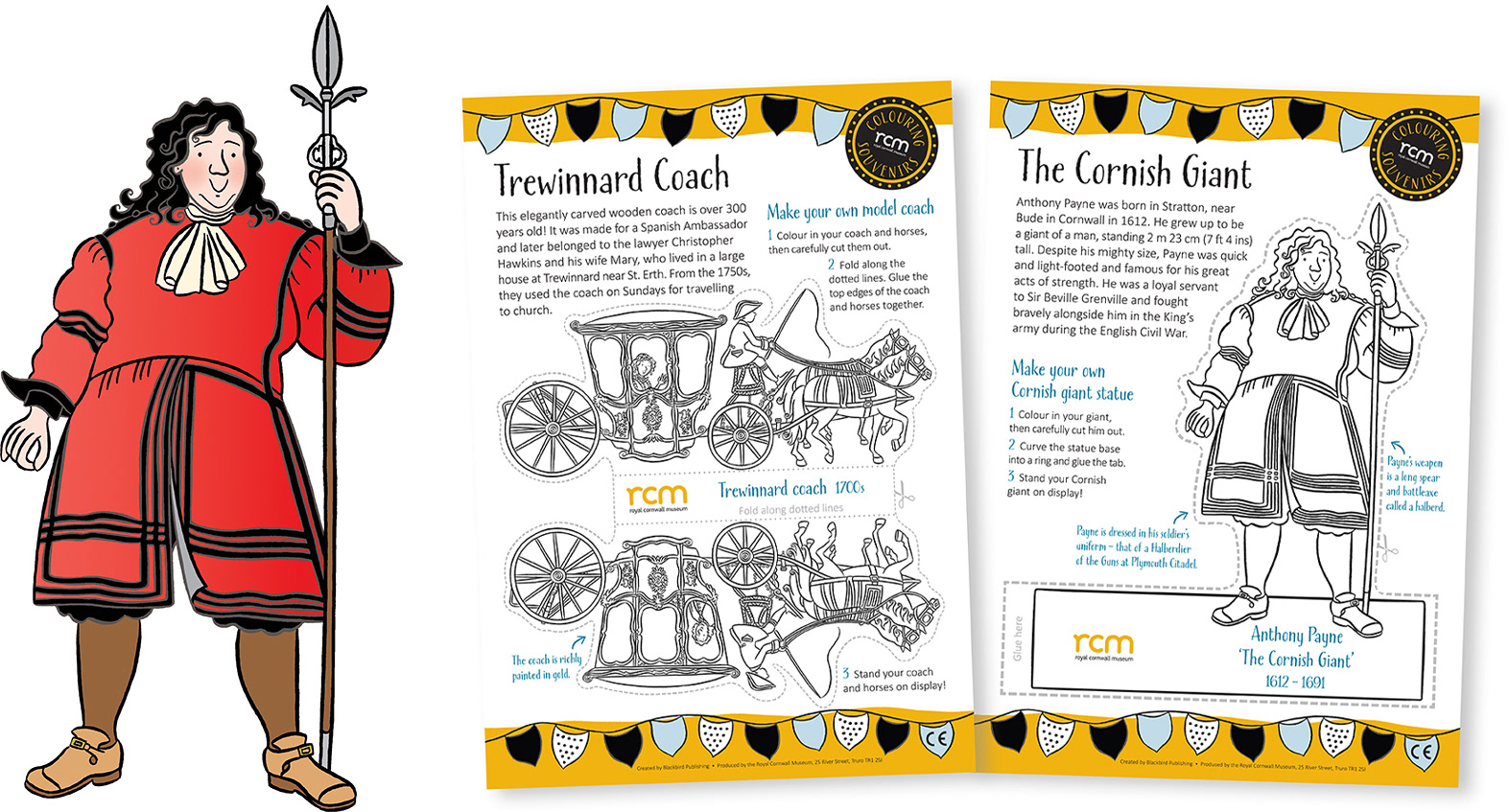 A historic character illustration, The Cornish Giant, with two illustrated activity sheets for gift-shop merchandise