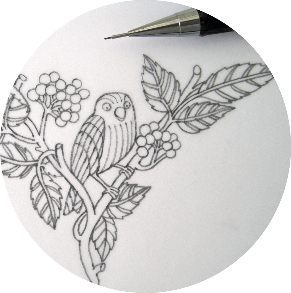 A pencil drawing of a wood carving of a bird and foliage