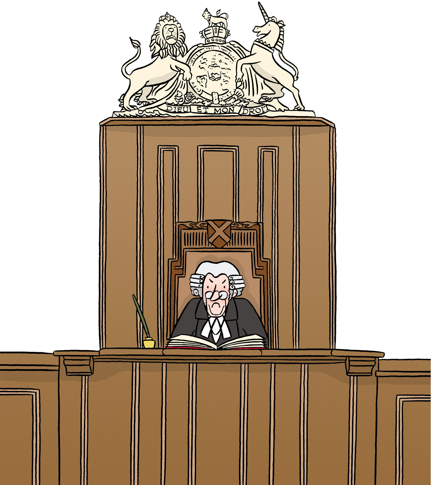 A comical illustration of a magistrate sitting at the bench in a courtroom