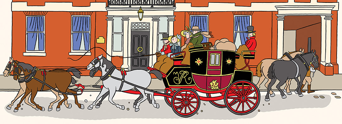 An illustrated scene of a coach and horses laden with passengers leaving a coaching inn