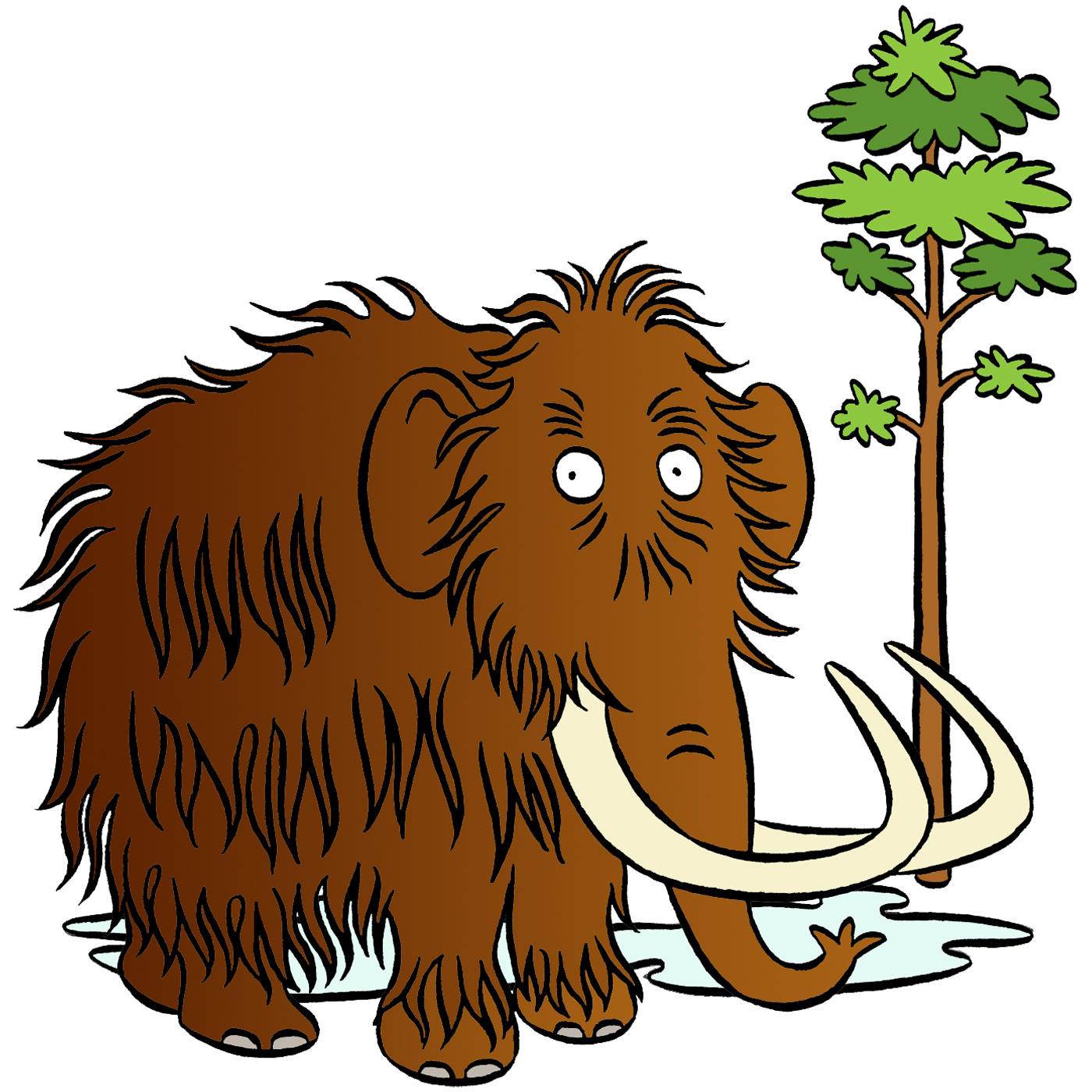 Colour illustration of a woolly mammoth and tree