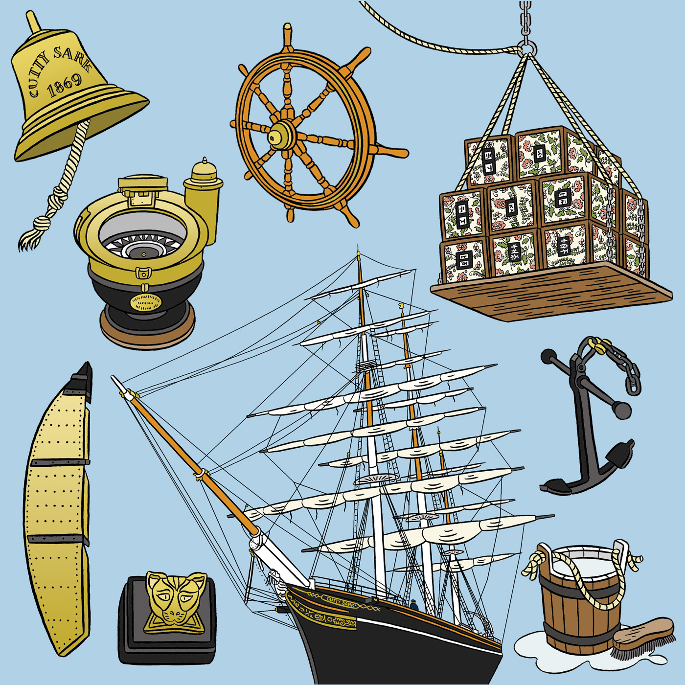 Illustrations of Cutty Sark and cargo with nautical objects surrounding