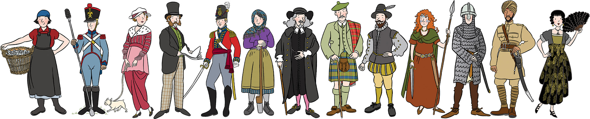 A line-up of historical character illustrations