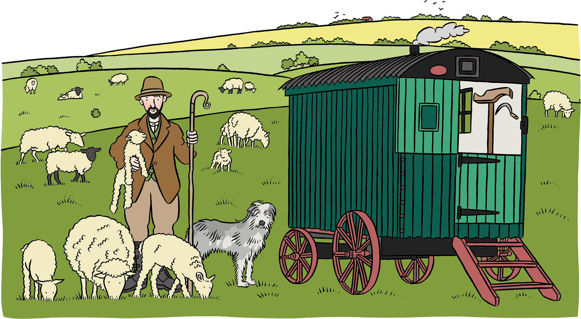 A full-colour illustrated rural scene of a shepherd holding a lamb and surrounded by sheep, standing by his shepherd's hut with his sheepdog next to him.