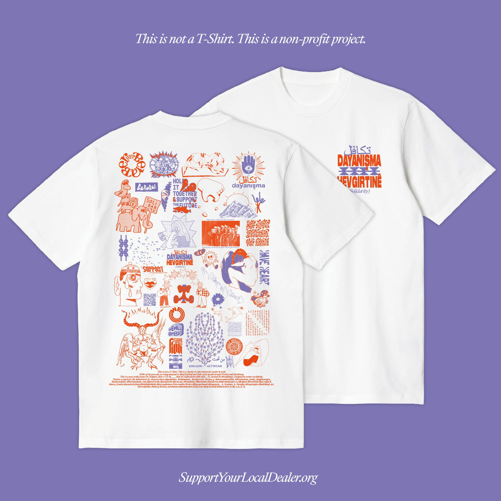 Back and front of a white shirt with red and purple illustrations.