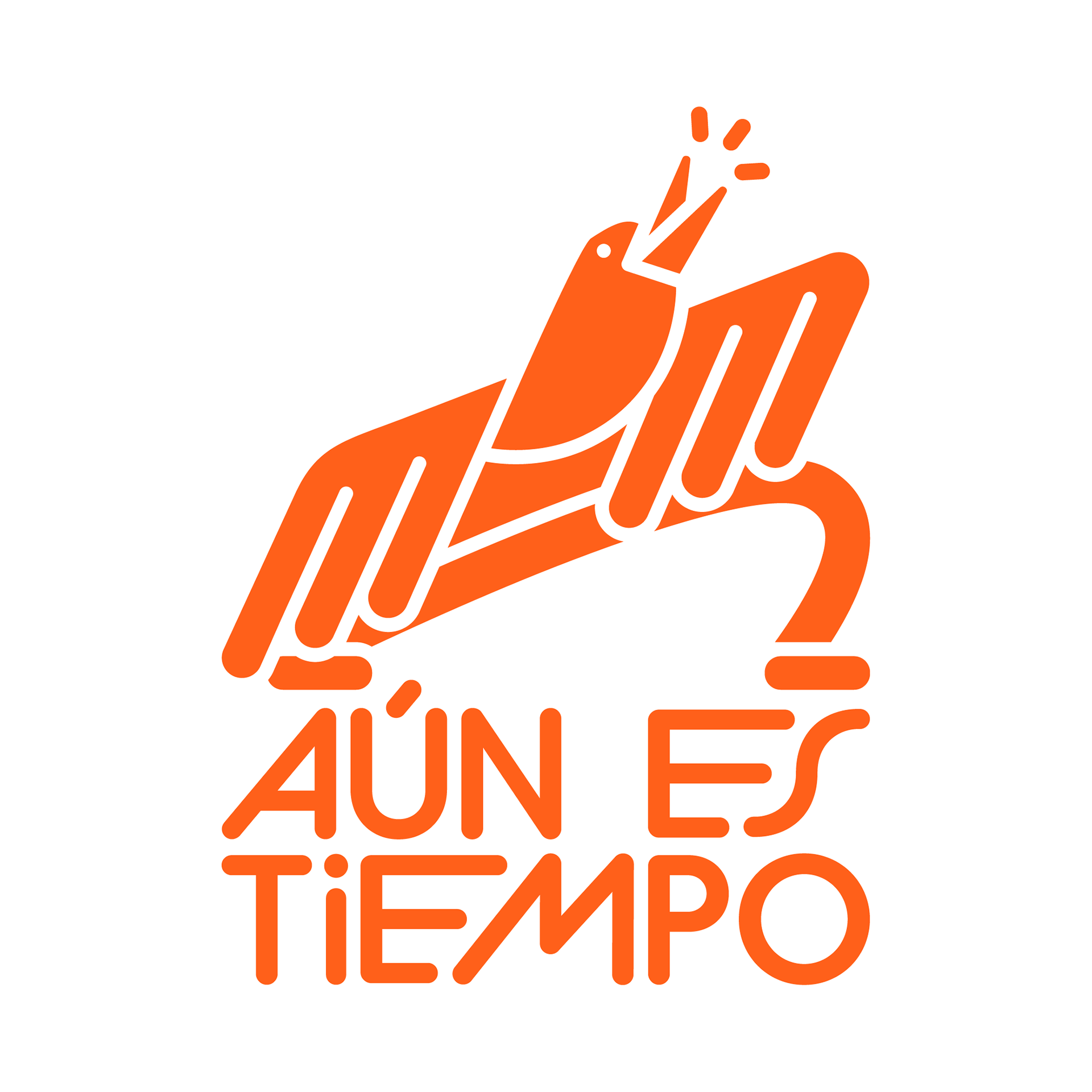 A logo made up of an image and text. The image shows a bird-like character in a dynamic stance calling out. The text reads aun es tiempo in a stretched typography.