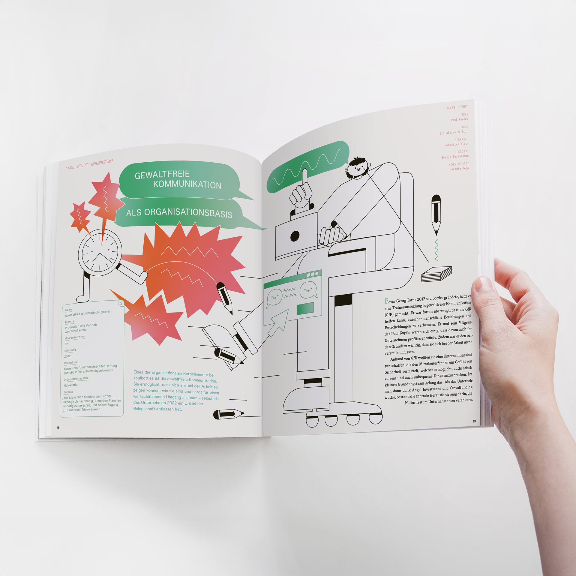 Magazine spread with an illustratin of an angry clock character shouting at a person sitting on a desk chair. The person is replying in a calm manner and continuing their work.