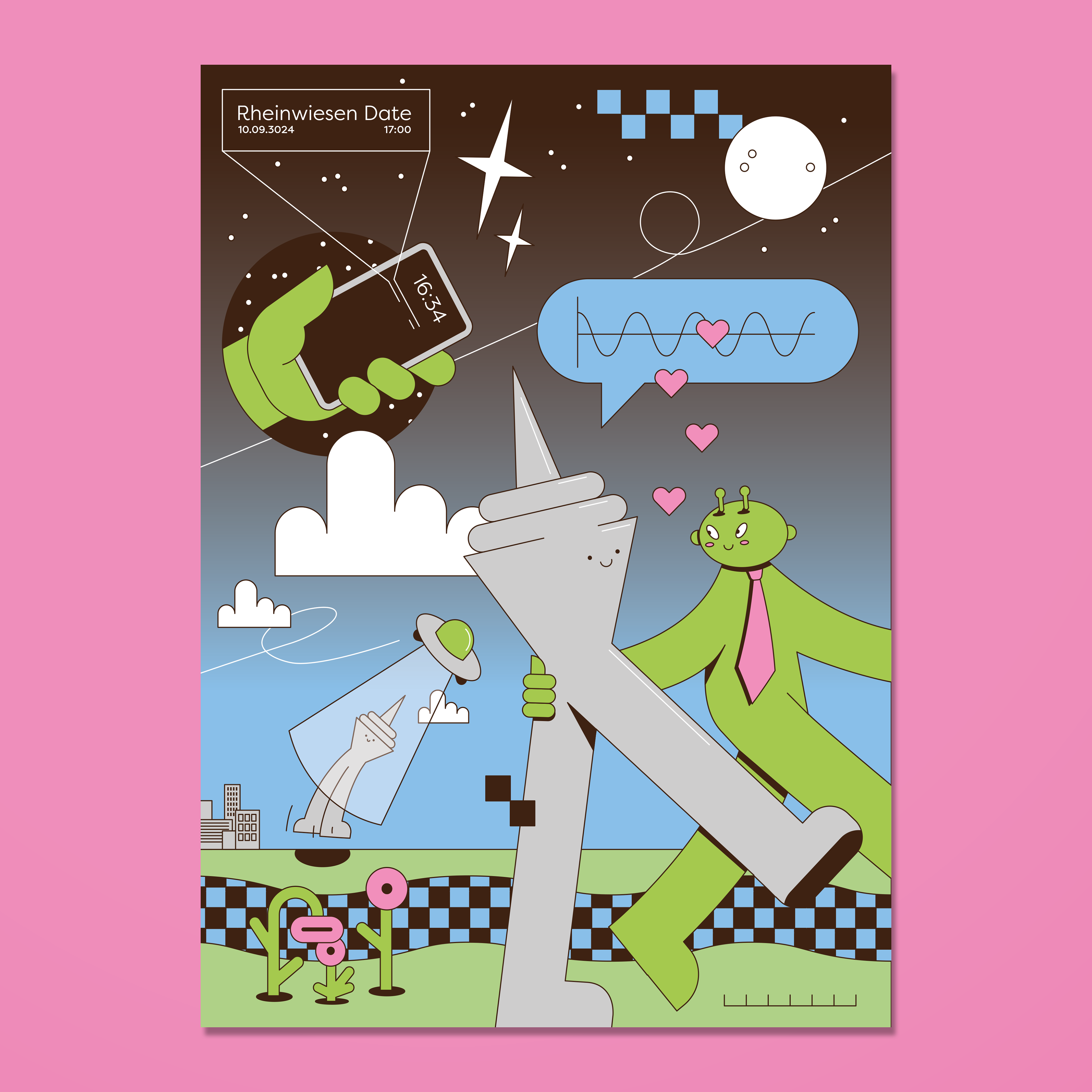 Illustration of an alien and a towerlike robot on a walk in nature next to a river. There are stars above them and flowers and a cityscape in the back.