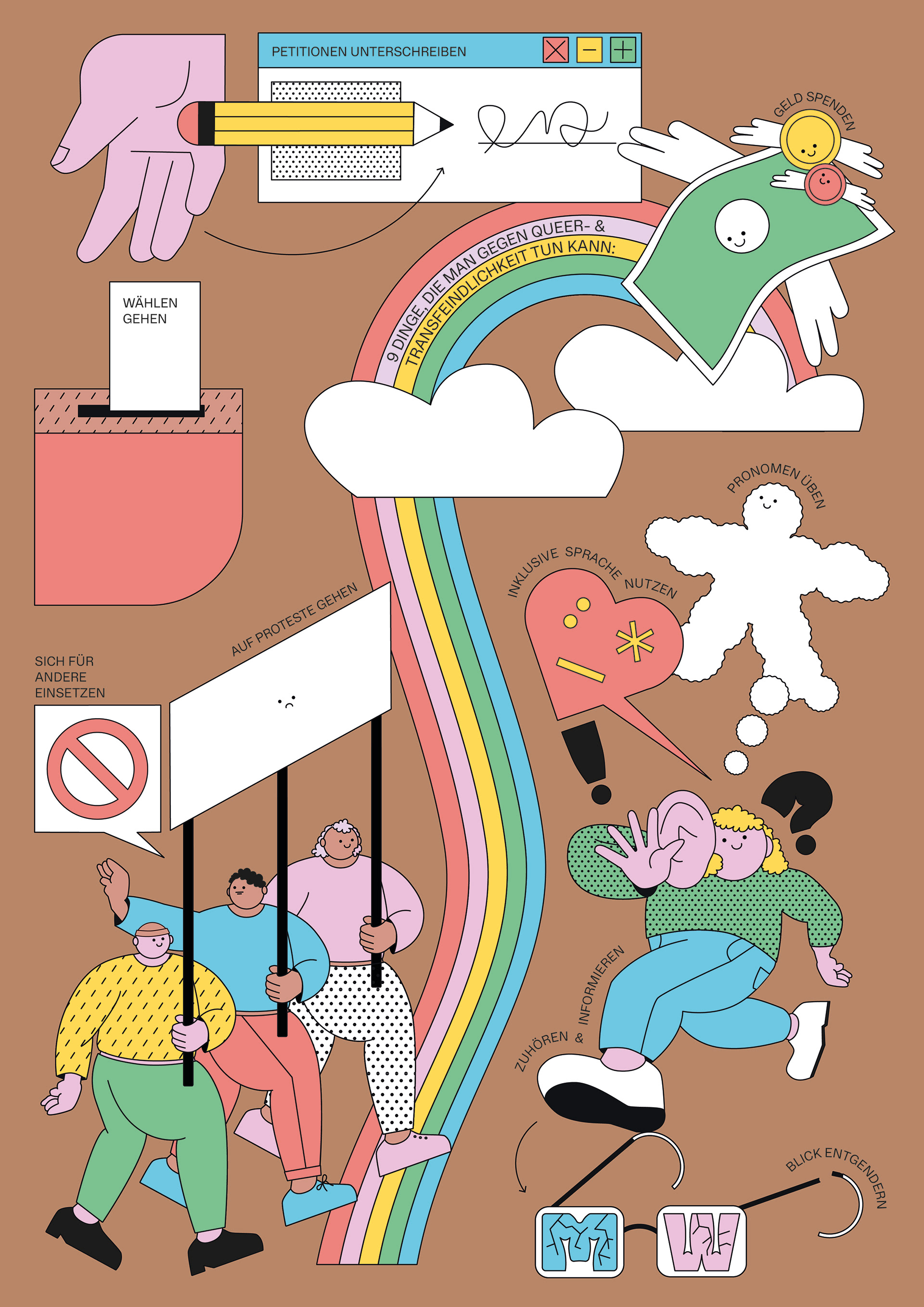 Illustrated poster with various smaller illustrations: A hand signing a petition with a yellow pencil onto a internet window, coind and notes with wings, a rainbow, a person listening, 3 people protesting.