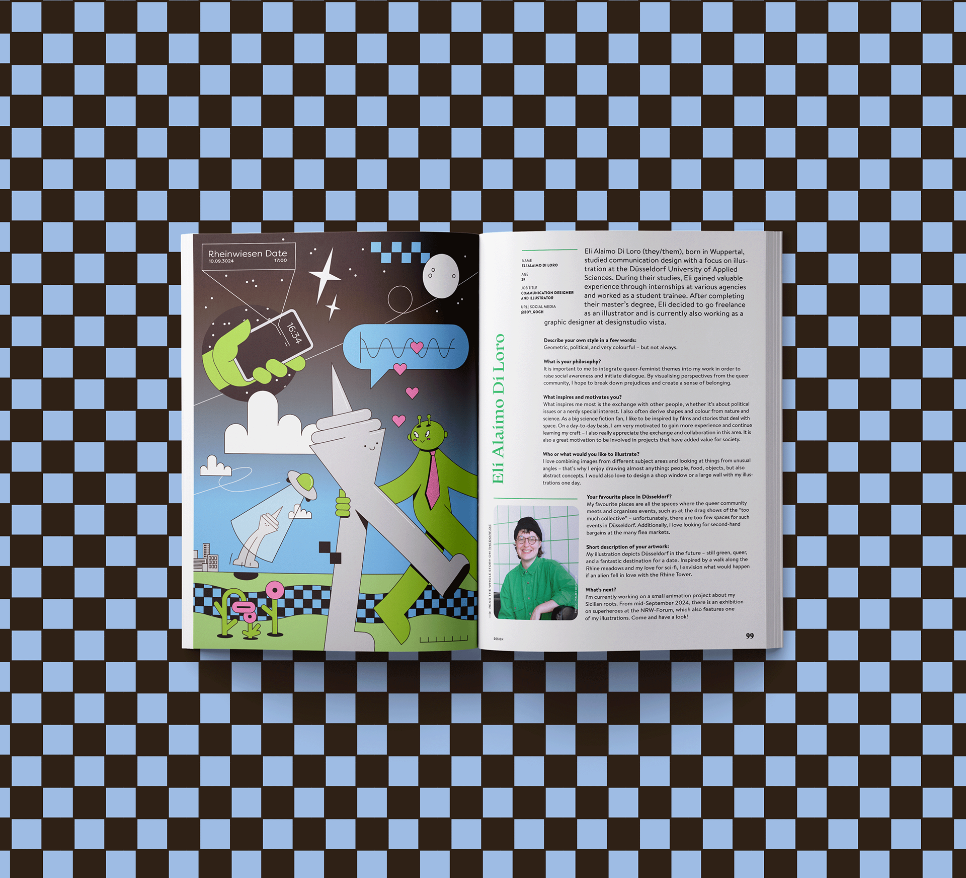 Mockup of a magazine spread on a checkerboard background. Left: a colourful illustration of an alien nand a towerlike robot having a walk next to a river. Right: an interview with the illustrator and a portrait.