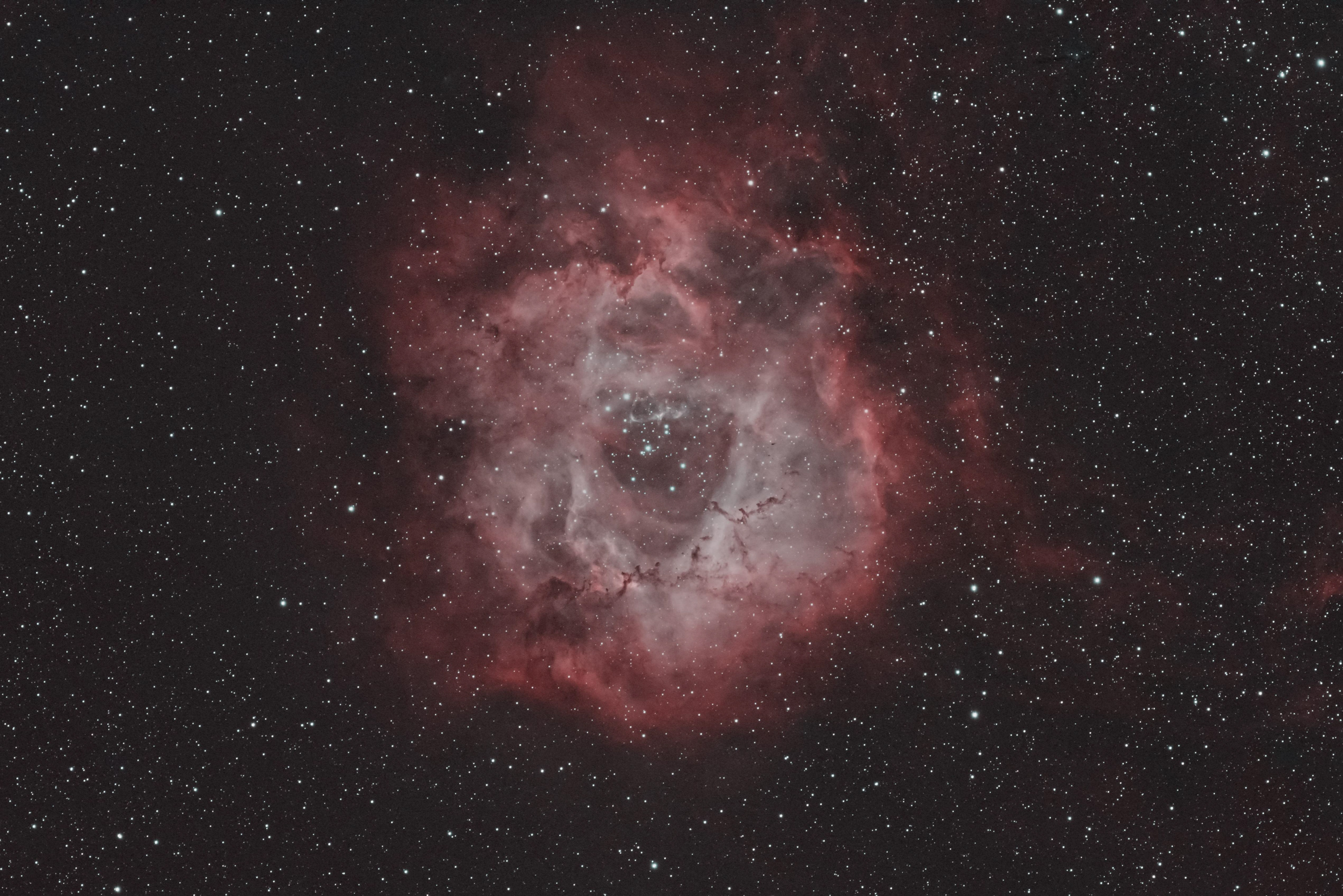 Rosette Nebula (Caldwell 49) - a giant spherical H II emission region shaped like a rose. It lies about 5,000 light-years away in the constellation Monoceros, spanning roughly 100 to 130 light-years across
