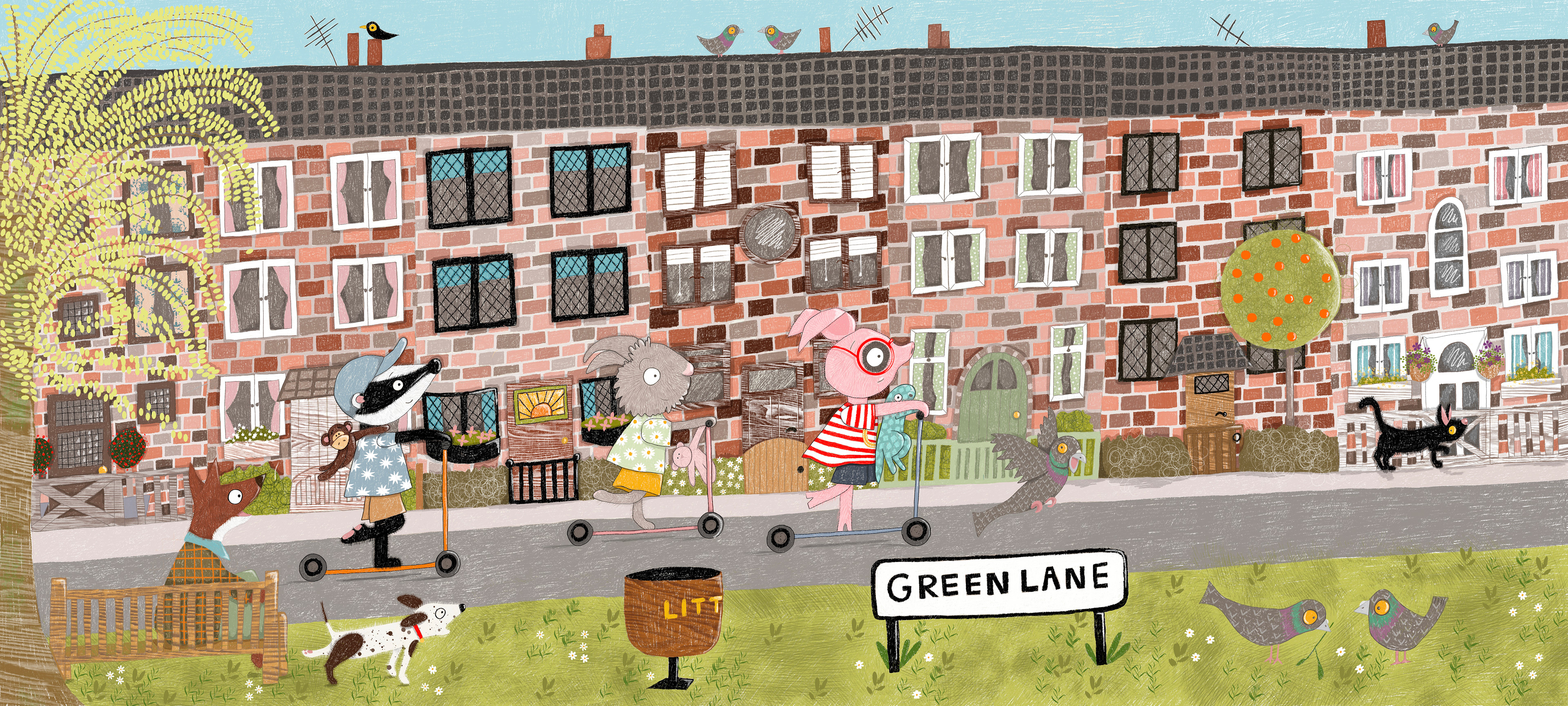 This whimsical, textured illustration depicts animal characters—including a badger, rabbit, and pig on scooters—riding down "Green Lane" 