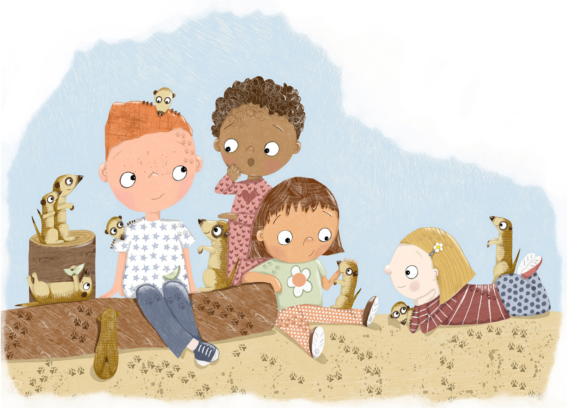 This charming digital illustration of children interacting with curious meerkats was created by children's book artist