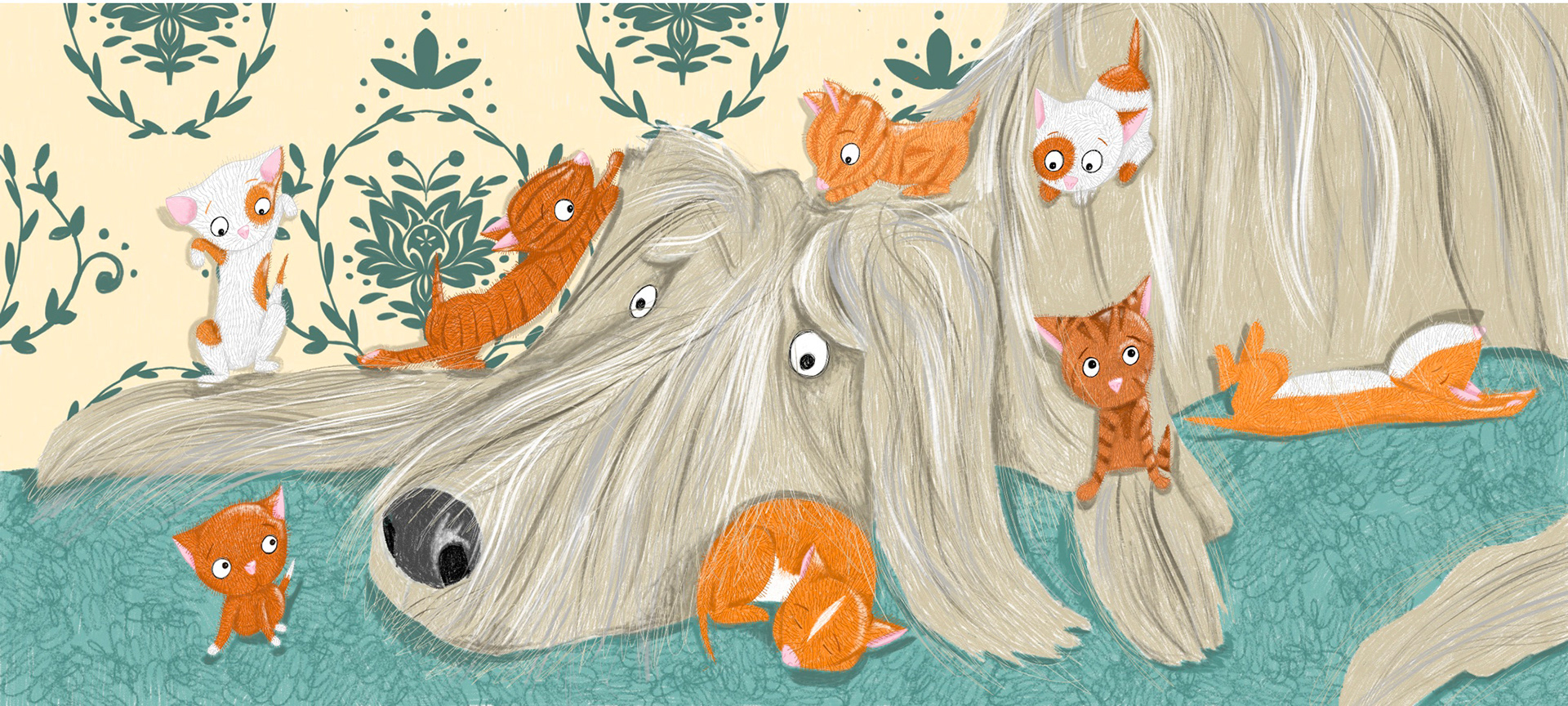 This digital illustration features a large, shaggy grey dog—resembling an Irish Wolfhound—lying down and looking overwhelmed as a playful group of tiny orange, white, and tabby kittens scramble all over its head, back, and fur
