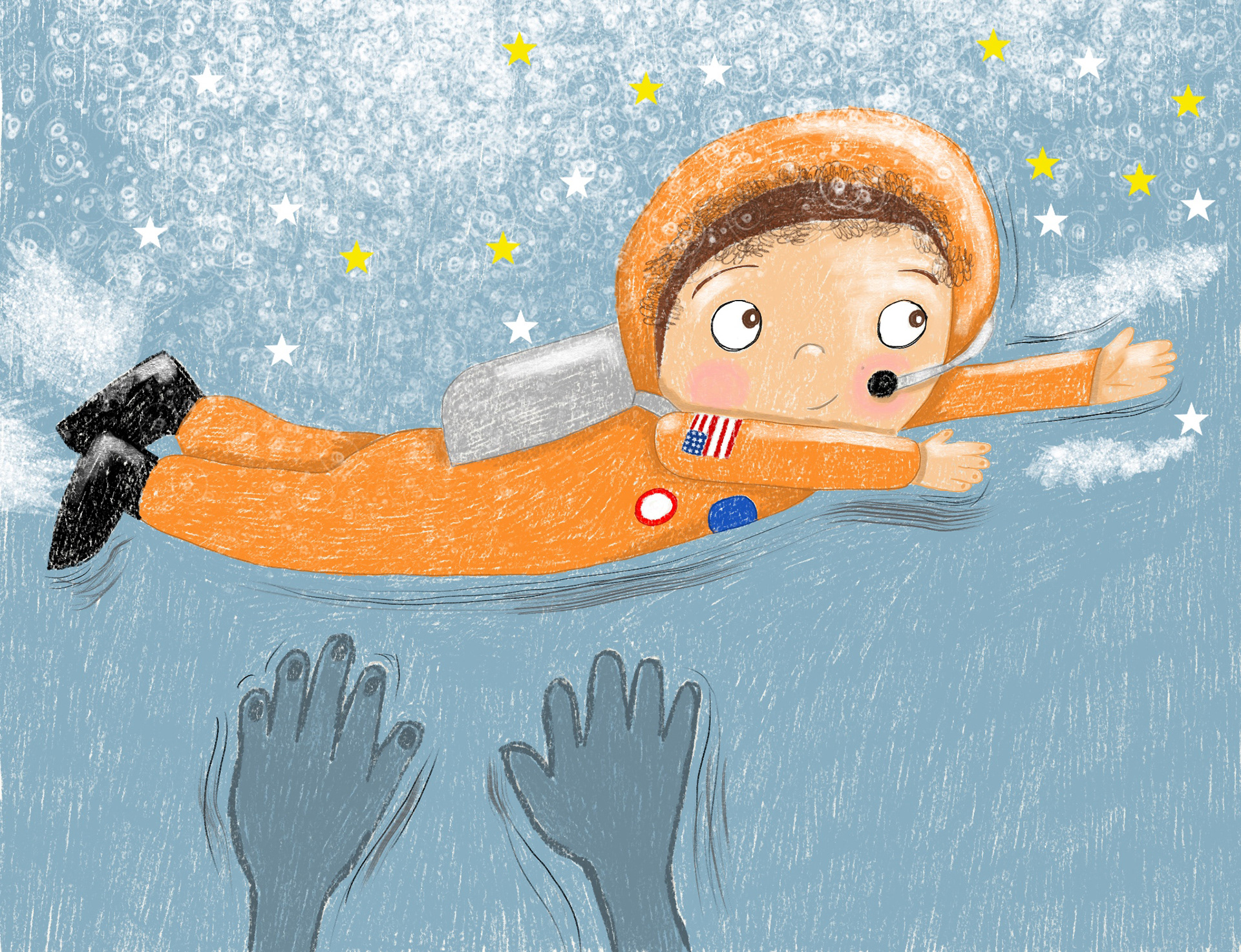 The image is a whimsical children's book illustration showing a child in an orange spacesuit floating among the stars while two large, friendly-looking gray hands reach up from below