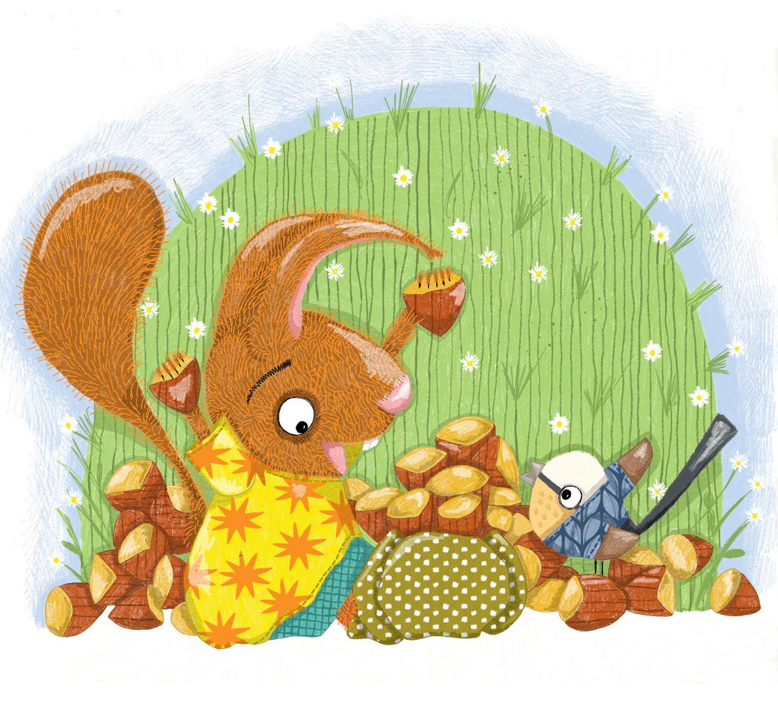 This vibrant digital illustration features a friendly, anthropomorphic orange squirrel wearing a yellow star-patterned shirt, interacting with a small blue bird amidst a pile of acorns and wood-like textures against a grassy hillside background.