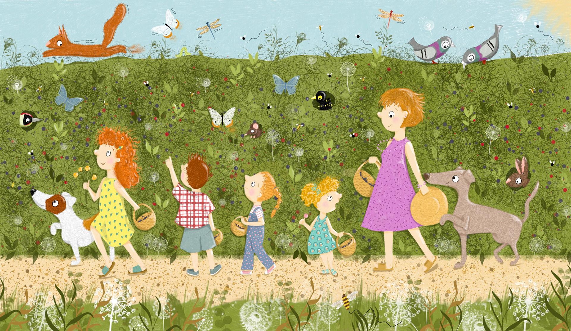 This vibrant digital illustration titled "Summer Walk" by children's book illustrator Jo Sinclair depicts a family and their dog on a joyful nature stroll along a grassy path filled with wildlife